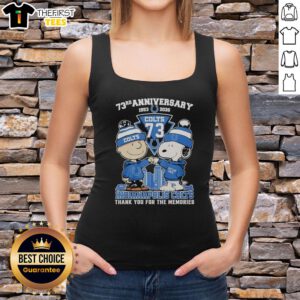 Stylish Indianapolis Colts tank top featuring Snoopy and Charlie Brown, celebrating 73rd anniversary (1953-2026).