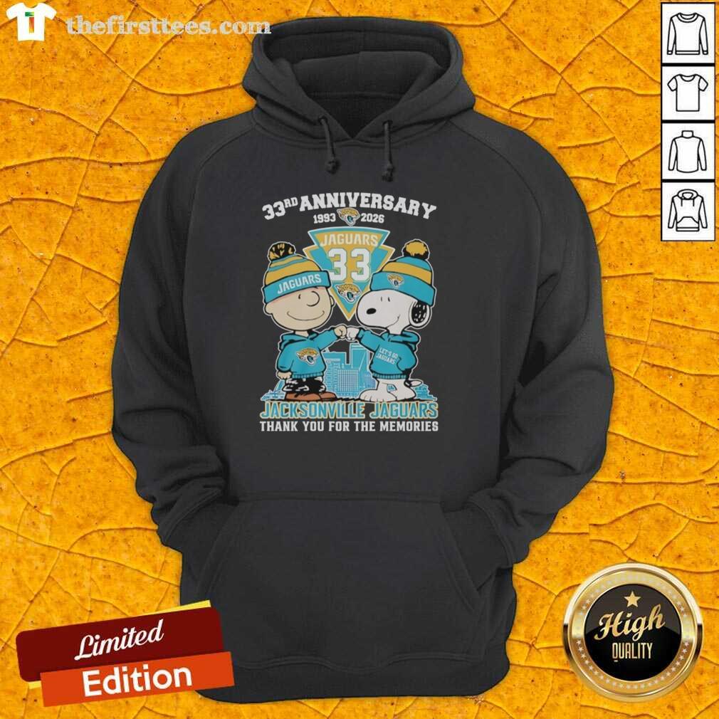 Jacksonville Jaguars hoodie featuring Snoopy and Charlie Brown for the 33rd Anniversary, 1993-2026.