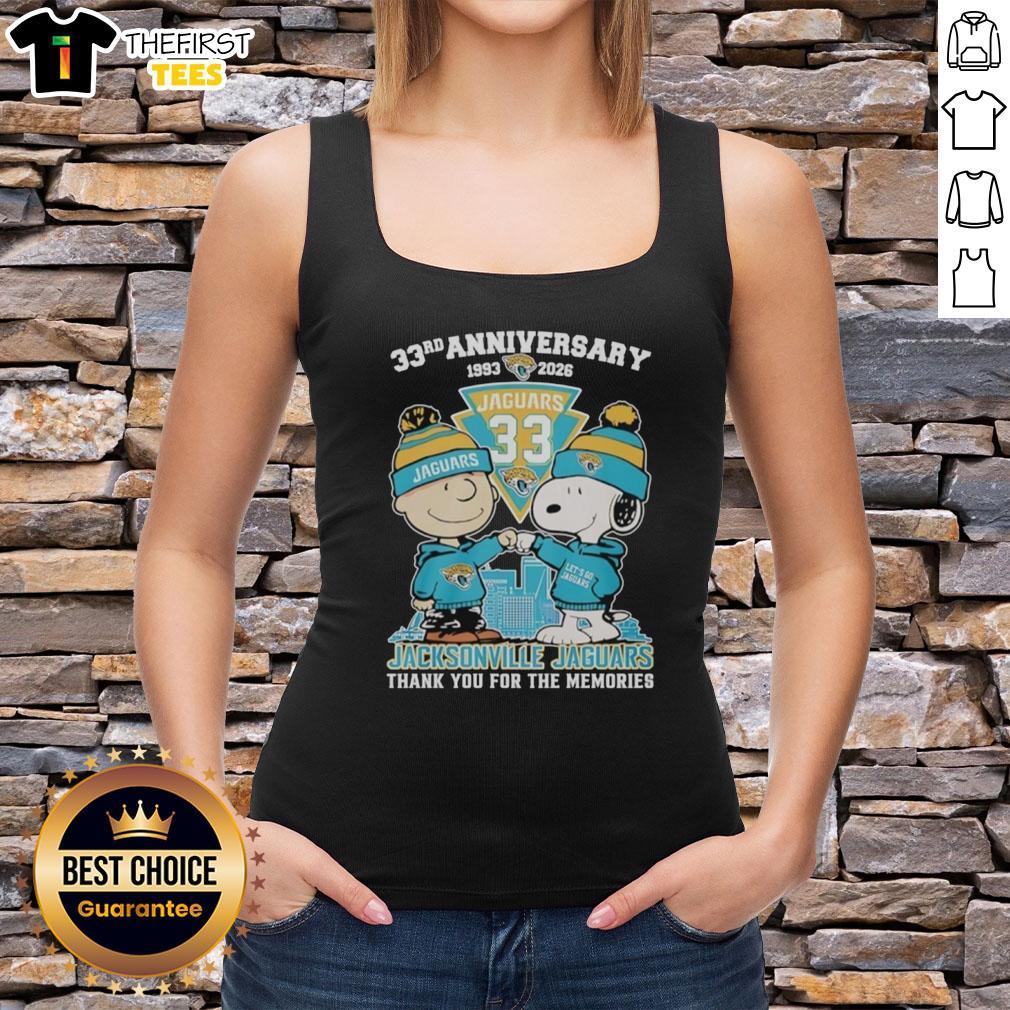 Top Jacksonville Jaguars outfit featuring Snoopy and Charlie Brown tank top, celebrating 33rd anniversary 1993-2026.