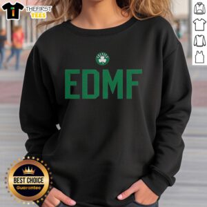 Top Jaylen Brown Boston Celtics NBA EDMF letter sweatshirt in green, showcasing team spirit and player pride.
