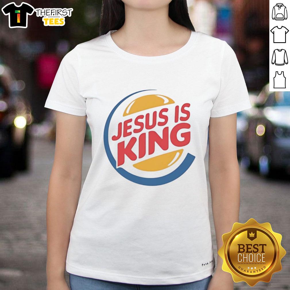 Top Jesus Is King Style Burger Logo Ladies Tee featuring vibrant design and trendy fit for stylish fans.