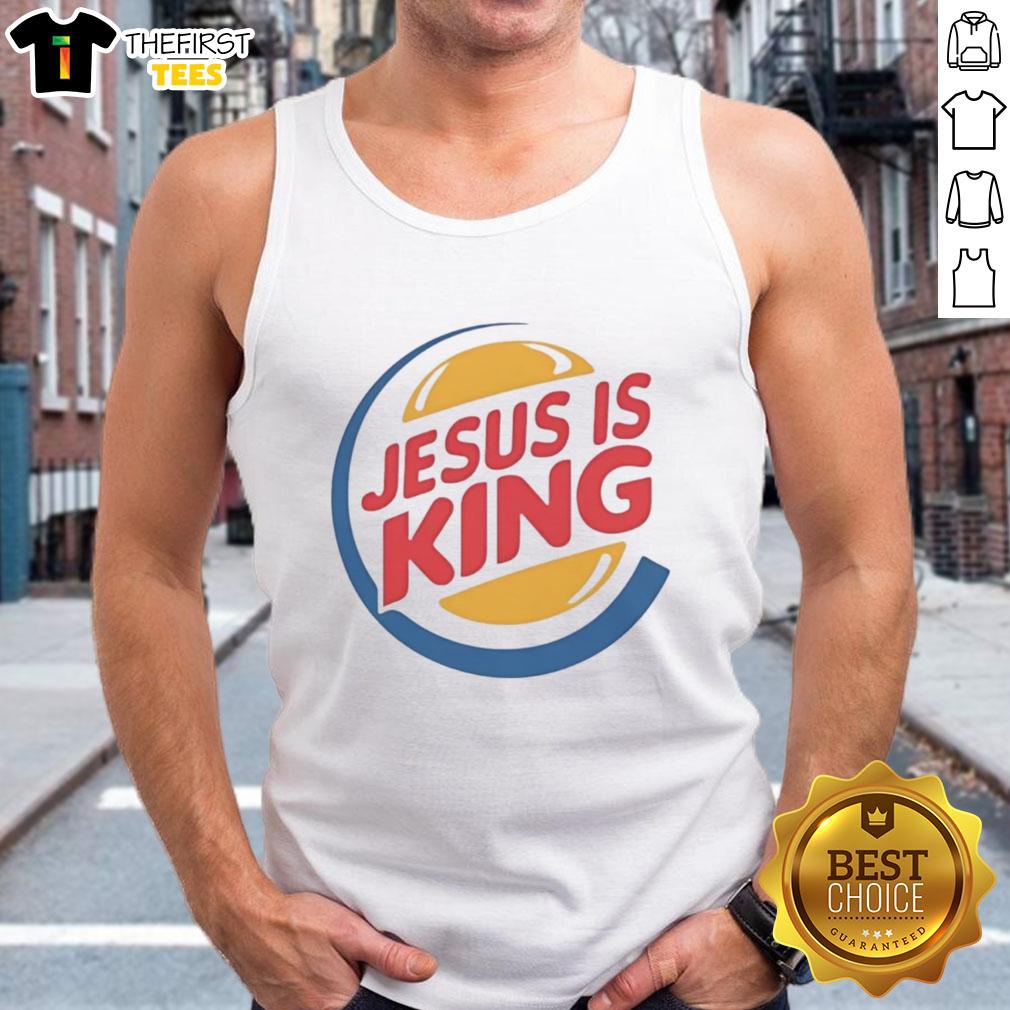 Top Jesus Is King Style Burger Logo Tank Top featuring a bold graphic design, perfect for casual summer wear.