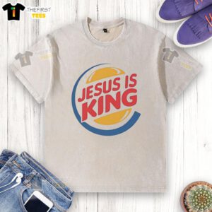 Top Jesus Is King Style Burger Logo on a Washed T-Shirt, perfect for fans of unique and trendy apparel.
