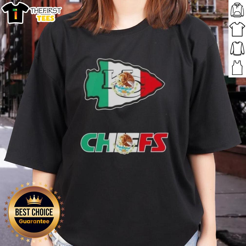 Alt Text: Kansas City Chiefs football ladies tee featuring a vibrant Mexican flag logo design for fans.