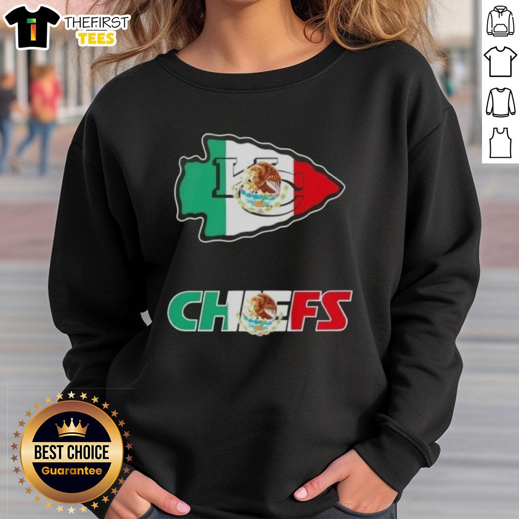 Kansas City Chiefs football sweatshirt featuring a Mexican flag logo, perfect for fans celebrating their heritage.