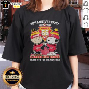 Stylish ladies tee celebrating the 66th anniversary of Snoopy and Charlie Brown, featuring Kansas City Chiefs design.