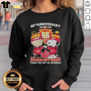 Top Kansas City Chiefs outfit featuring Snoopy and Charlie Brown 66th Anniversary sweatshirt, perfect for fans.