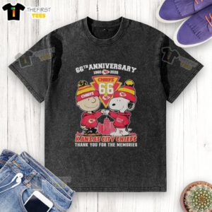 Alt Text: Stylish Kansas City Chiefs outfit featuring a Snoopy and Charlie Brown design for the 66th anniversary, 1960-2026.
