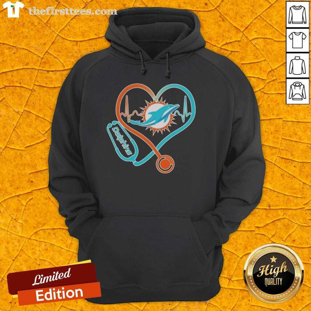 Miami Dolphins hoodie featuring stethoscope and headphones design, perfect for fans showing team spirit.
