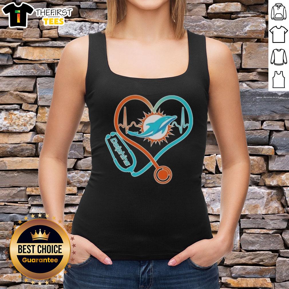 Alt Text: Miami Dolphins tank top for fans featuring a stethoscope and headphones design, perfect for game day style.