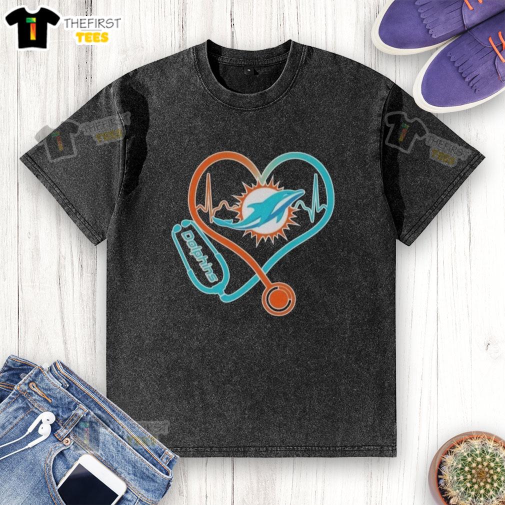 Top Love Miami Dolphins stethoscope headphones fans washed t-shirt for stylish sports enthusiasts.