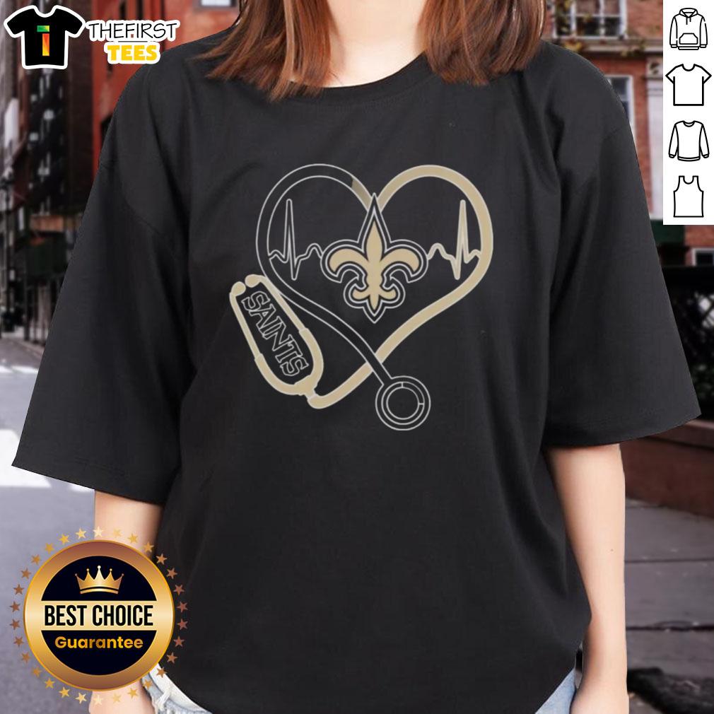 Alt Text: New Orleans Saints stethoscope headphones graphic on a ladies tee, perfect for fans of the NFL team.