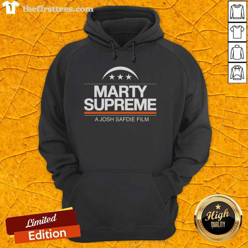 Top Marty Supreme 2025 A Josh Safdie Film logo hoodie in black, featuring bold graphics and stylish design.