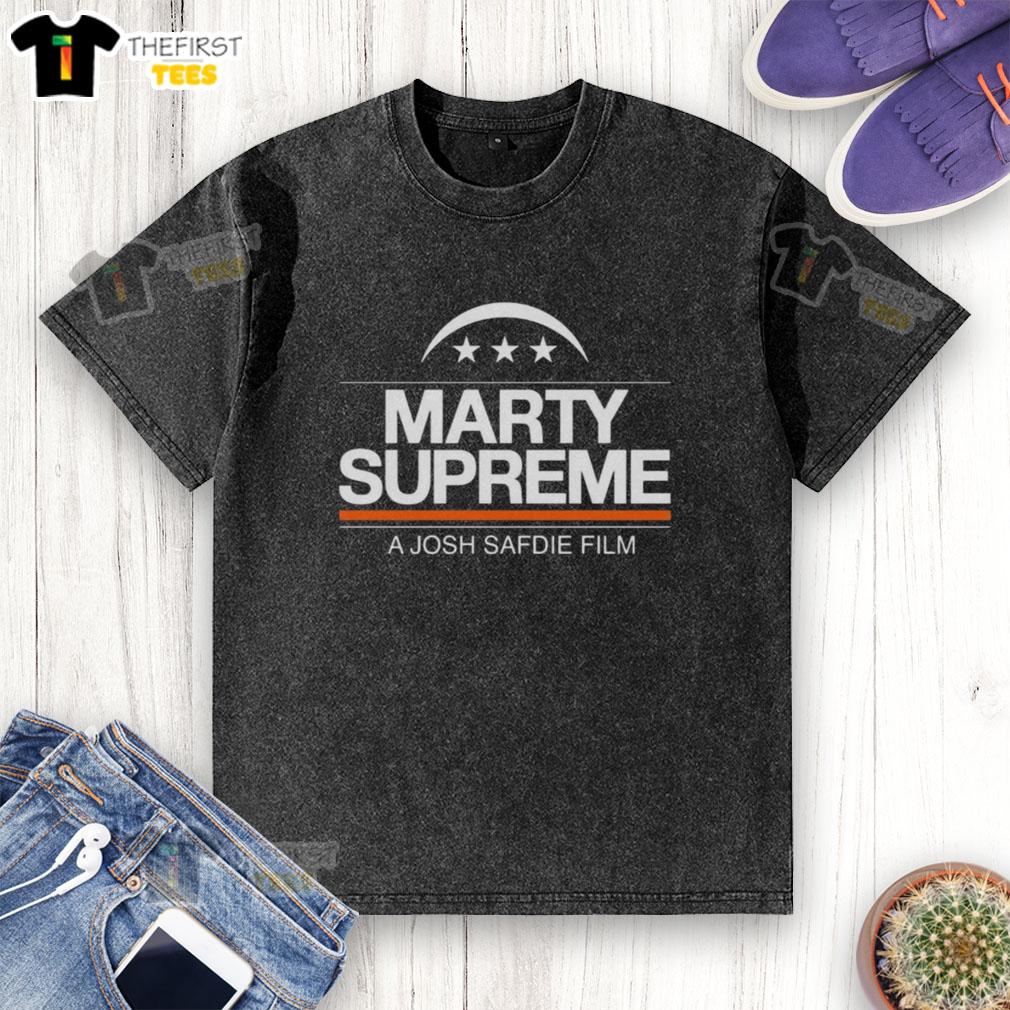 Top Marty Supreme 2025 A Josh Safdie Film logo on a washed t-shirt, showcasing a stylish film-themed design.