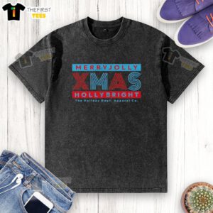 Top Merry Jolly Xmas Holly Bright Christmas washed t-shirt in festive red, perfect for holiday celebrations and casual wear.