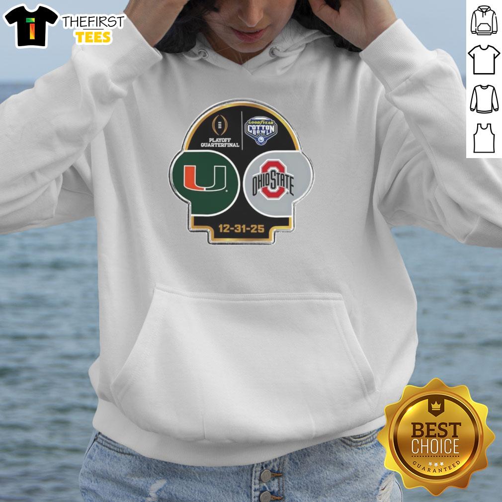 Top Miami Hurricanes vs Ohio State Buckeyes 2025 CFP Goodyear Cotton Bowl logo hoodie for fans and collectors.