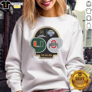 Alt Text: 2025 CFP Goodyear Cotton Bowl logo sweatshirt featuring Miami Hurricanes vs Ohio State Buckeyes design.