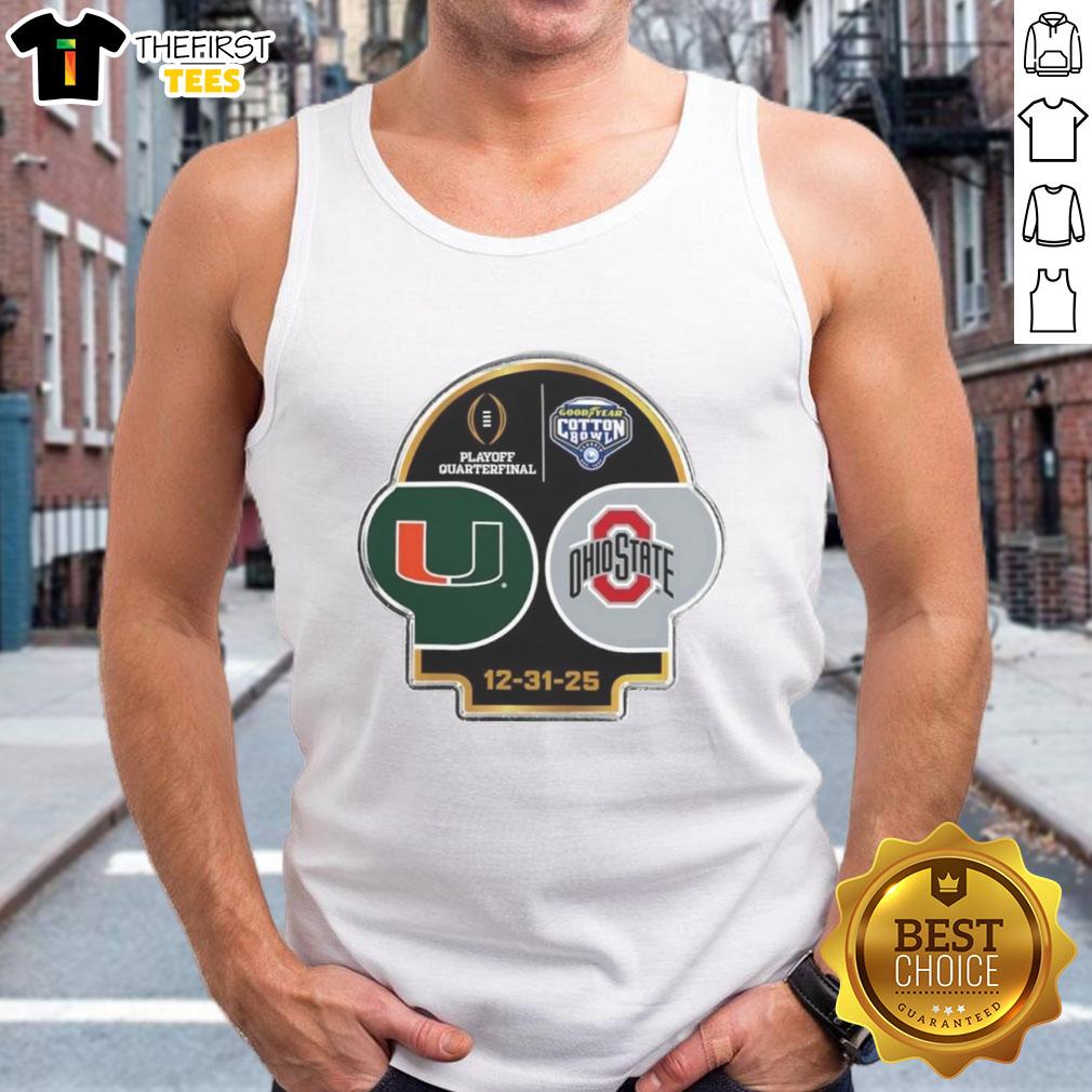 Top Miami Hurricanes vs Ohio State Buckeyes 2025 CFP Goodyear Cotton Bowl logo tank top design for fans.