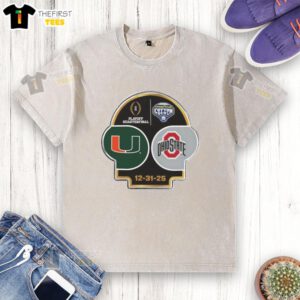 Top Miami Hurricanes vs Ohio State Buckeyes 2025 CFP Goodyear Cotton Bowl logo on a washed t-shirt design.