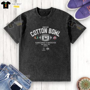 Top Miami Hurricanes vs Ohio State Buckeyes Goodyear Cotton Bowl 2025 washed t-shirt showcasing team logos and vibrant colors.