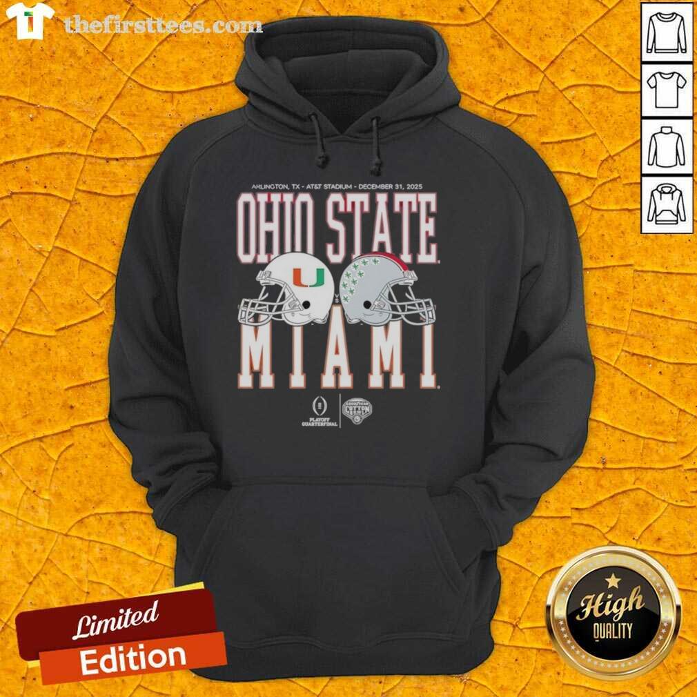 2026 Miami Hurricanes vs Ohio State Buckeyes Playoff Quarterfinal hoodie featuring team logos and vibrant colors.
