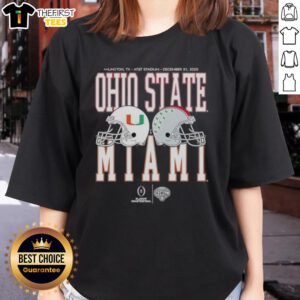 2026 Miami Hurricanes vs Ohio State Buckeyes playoff quarterfinal ladies tee showcasing team logos and vibrant colors.