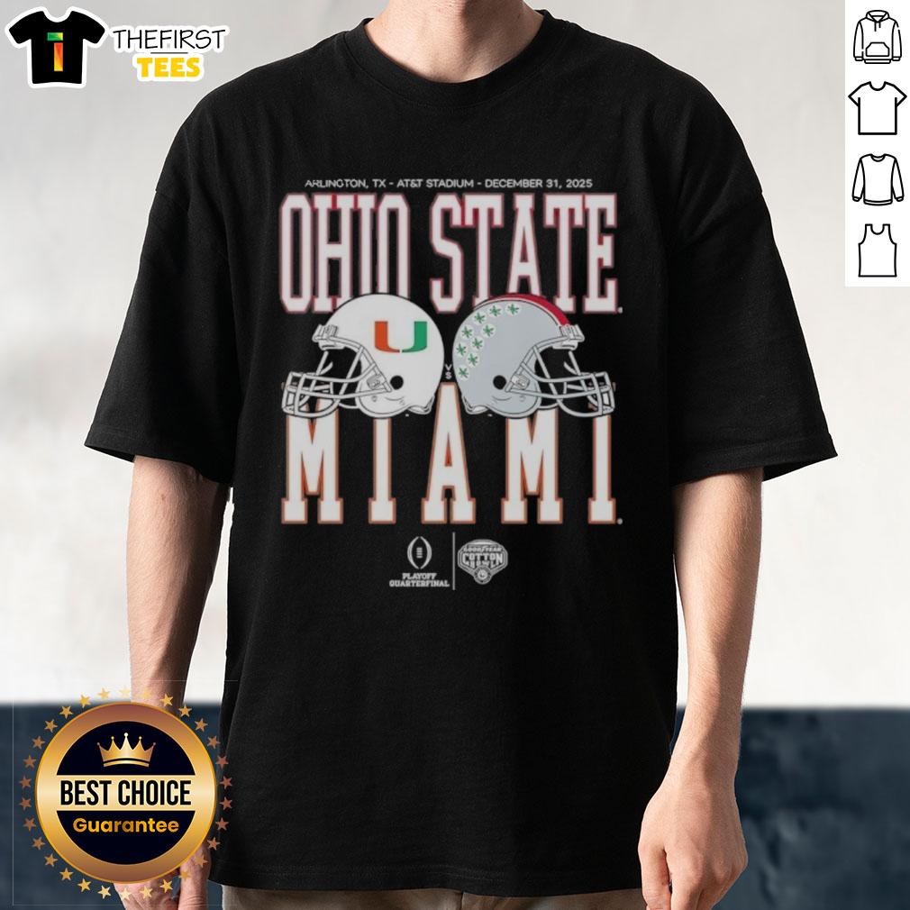 2026 playoff quarterfinal T-shirt featuring Miami Hurricanes vs Ohio State Buckeyes design, perfect for fans.