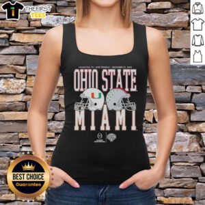 Miami Hurricanes vs. Ohio State Buckeyes 2026 playoff quarterfinal tank top featuring team logos and vibrant colors.