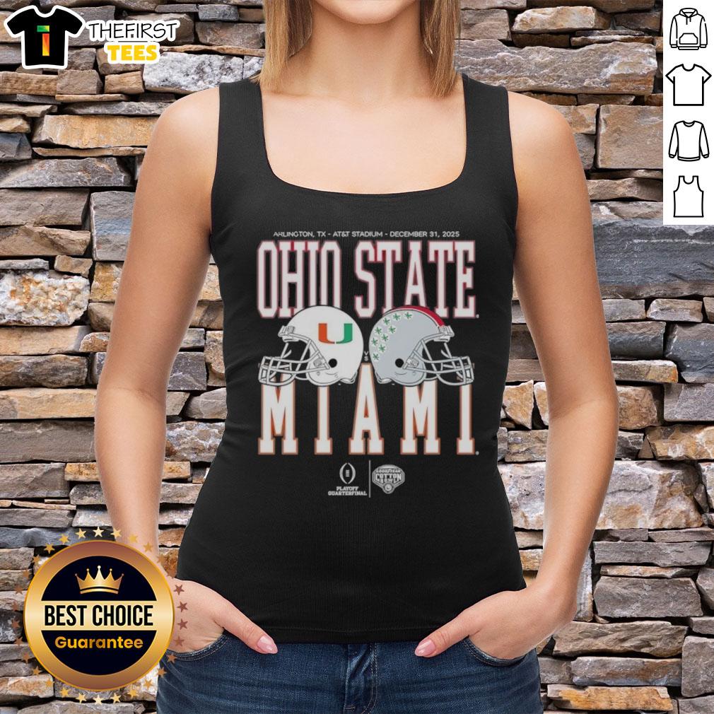 Miami Hurricanes vs. Ohio State Buckeyes 2026 playoff quarterfinal tank top featuring team logos and vibrant colors.