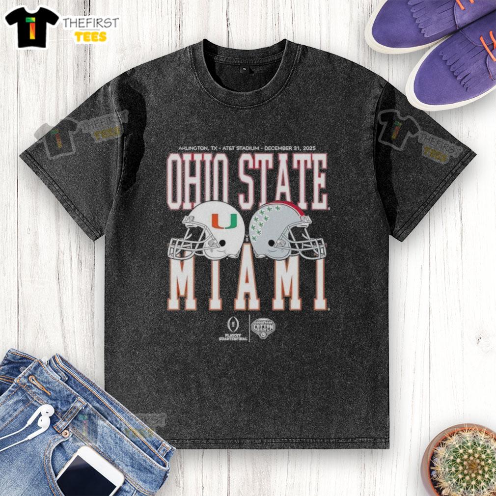 2026 Playoff Quarterfinal: Miami Hurricanes vs Ohio State Buckeyes washed t-shirt featuring team logos and vibrant colors.