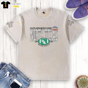 Alt Text: Top North Texas Mean Green 2025 Isleta New Mexico Bowl logo on a washed t-shirt, showcasing team spirit and style.