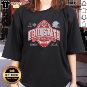 Black ladies' tee featuring Ohio State Buckeyes logo for 2025 Cotton Bowl CFP Quarterfinal, perfect for fans.