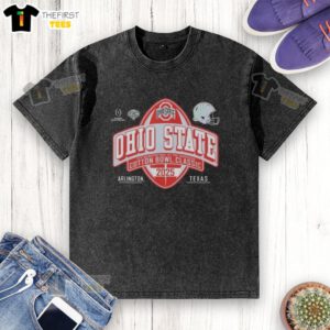 Alt Text: Black washed t-shirt featuring Ohio State Buckeyes logo for 2025 Cotton Bowl CFP Quarterfinal game.
