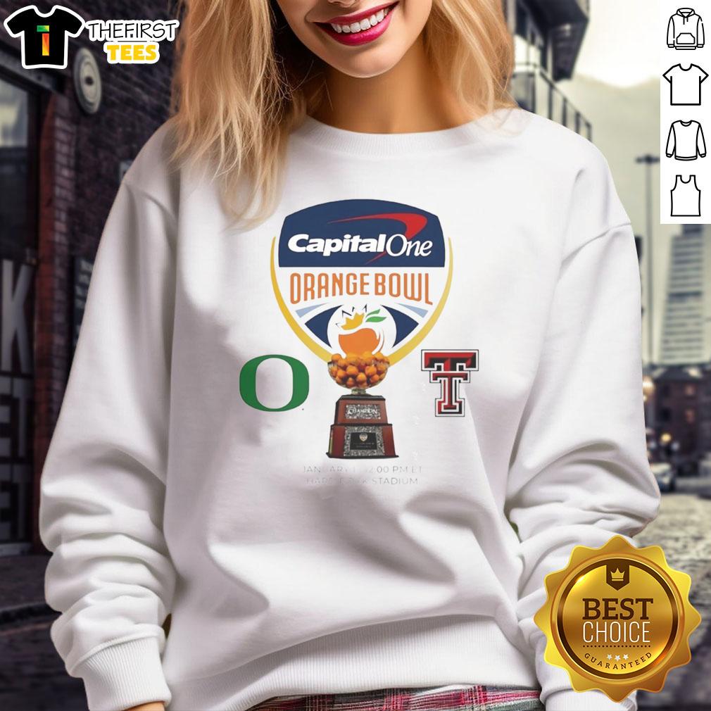 Alt Text: 2026 Capital One Orange Bowl sweatshirt featuring Oregon Ducks vs Texas Tech Red Raiders logo design.