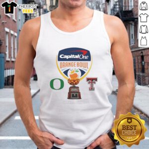 Alt Text: Stylish tank top featuring the 2026 Capital One Orange Bowl logo for Oregon Ducks vs. Texas Tech Red Raiders.