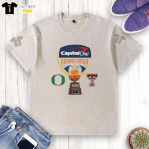 Alt Text: 2026 Capital One Orange Bowl logo on a washed t-shirt featuring Oregon Ducks vs Texas Tech Red Raiders design.