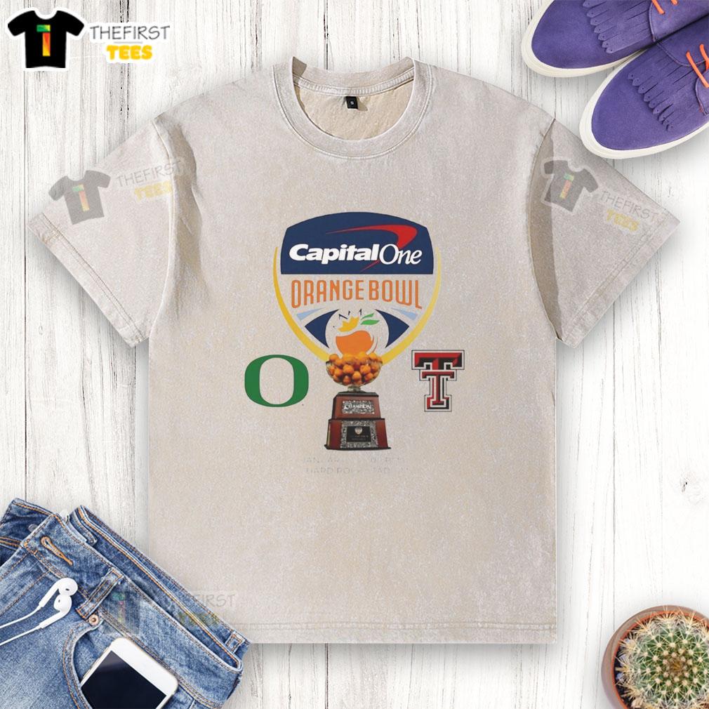 Alt Text: 2026 Capital One Orange Bowl logo on a washed t-shirt featuring Oregon Ducks vs Texas Tech Red Raiders design.