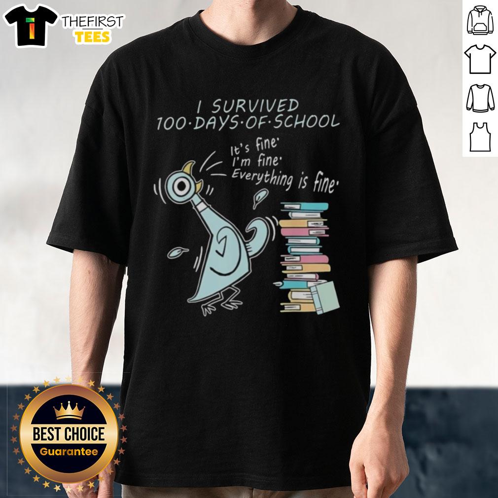 Colorful 'I Survived 100 Days Of School' pigeon t-shirt design perfect for the 100th day of school celebrations.