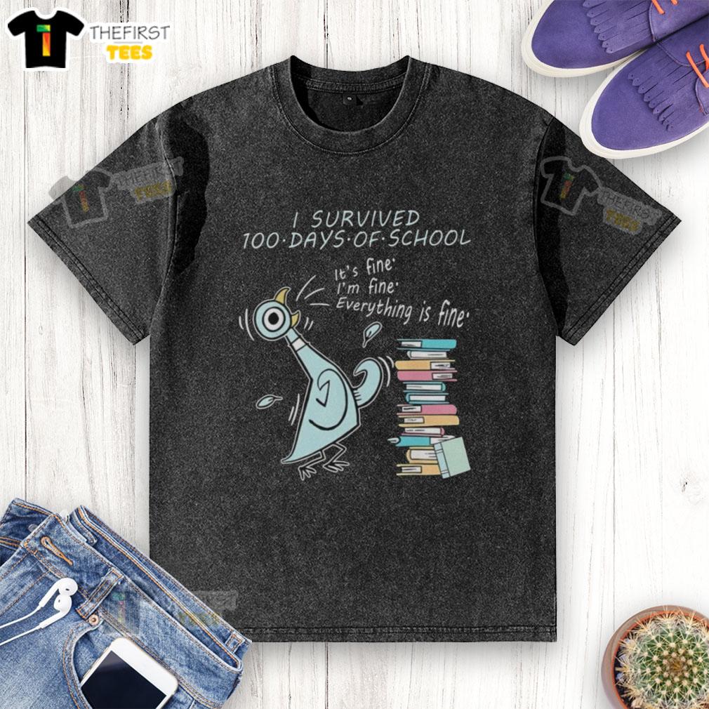 Alt Text: Top pigeon bird wearing a 'I Survived 100 Days of School' t-shirt, celebrating the 100th day of school.