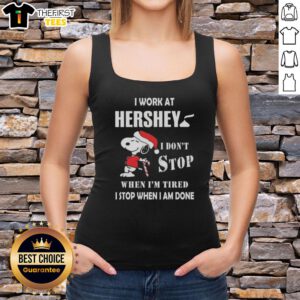 Top Snoopy I Work At Hershey Christmas Tank Top featuring Snoopy with a motivational quote for holiday spirit.