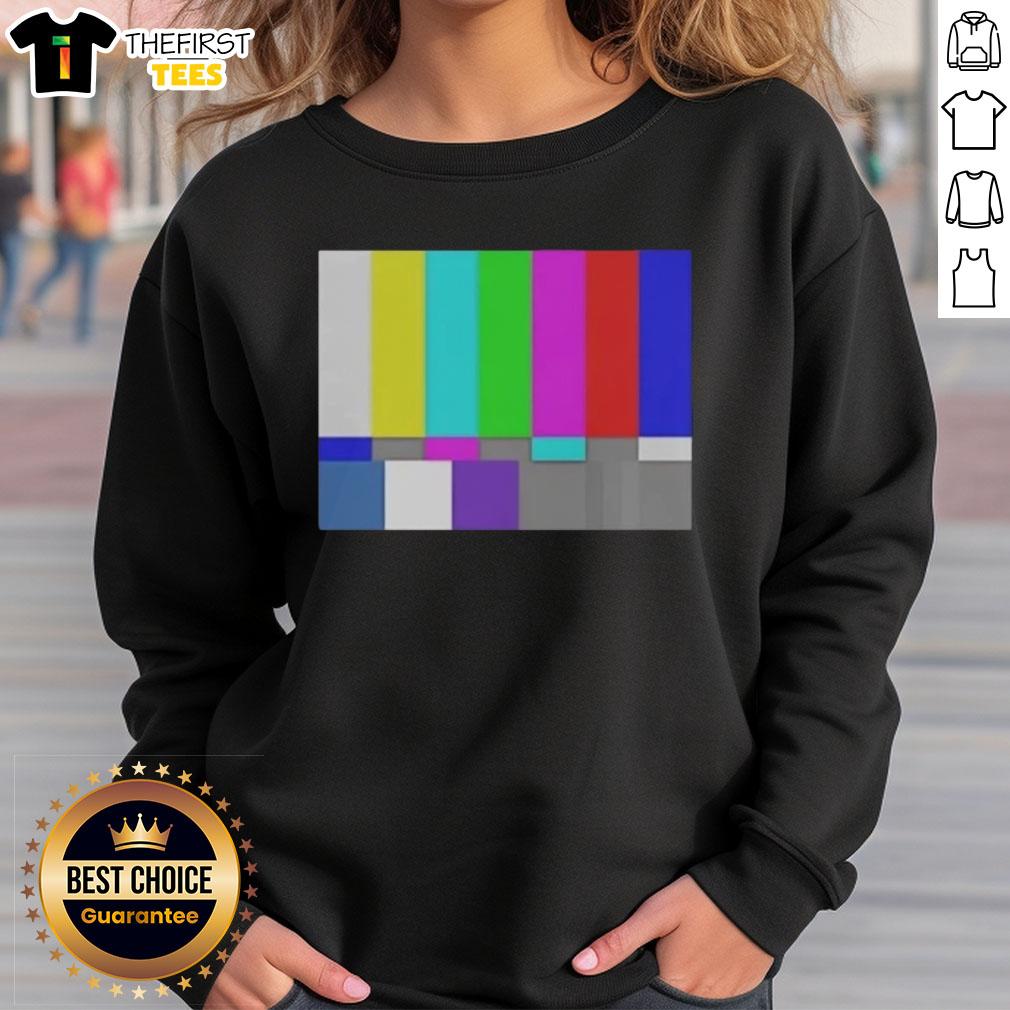 Alt Text: Top TV test pattern color bar sweatshirt featuring vibrant colors and retro design for stylish casual wear.