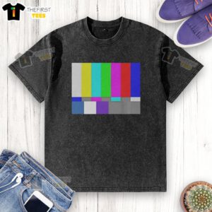 Top TV test pattern color bar washed t-shirt featuring vibrant color bars on a soft fabric for a retro look.