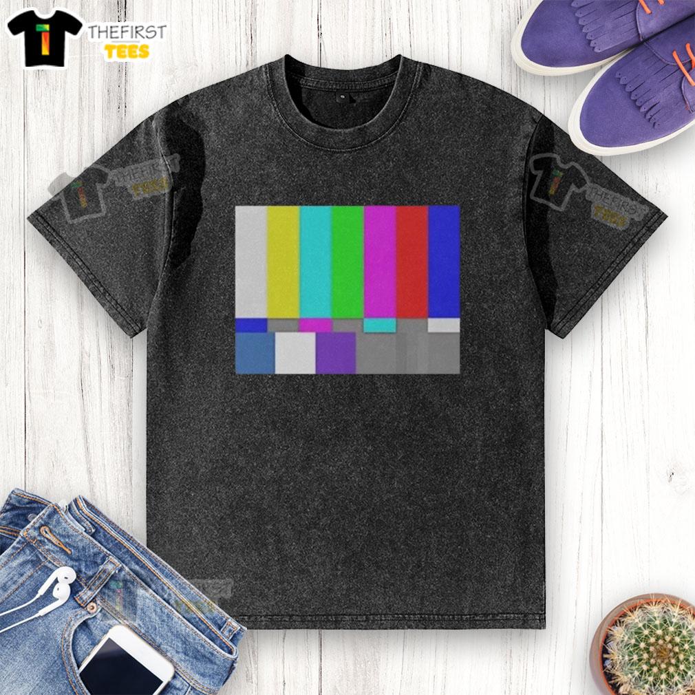 Top TV test pattern color bar washed t-shirt featuring vibrant color bars on a soft fabric for a retro look.