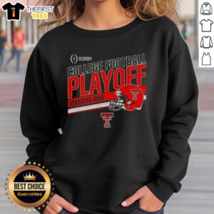 Alt Text: Top Texas Tech Red Raiders 2025 CFB Playoff stripe football helmet sweatshirt displayed on a wooden background.
