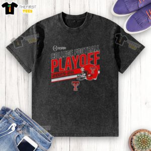 Top Texas Tech Red Raiders 2025 CFB Playoff Stripe Football Helmet washed t-shirt featuring team colors and logo.