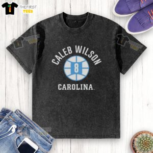 Alt Text: Top UNC Tar Heels Basketball Caleb Wilson Name Number Ball 8Q Washed T-Shirt featuring team colors and logo.