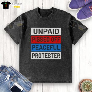 Top unpaid peaceful protester wearing a washed t-shirt, expressing frustration during a demonstration for social change.