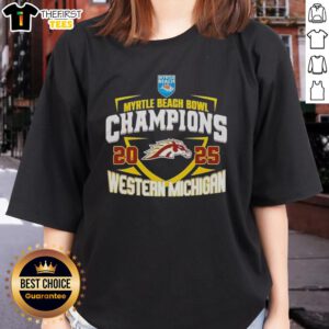 Alt Text: 2025 Myrtle Beach Bowl Champions logo on a women's tee featuring Western Michigan Broncos NCAA design.