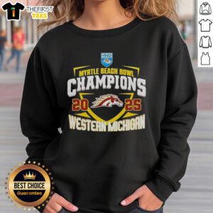 Alt Text: Top Western Michigan Broncos NCAA 2025 Myrtle Beach Bowl Champions logo sweatshirt in navy blue.