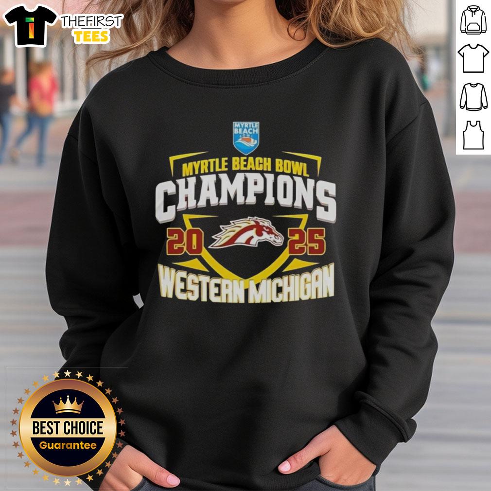 Alt Text: Top Western Michigan Broncos NCAA 2025 Myrtle Beach Bowl Champions logo sweatshirt in navy blue.